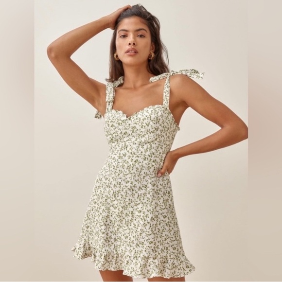 Reformation Green and White Sweetheart Sundress size 10 - Picture 3 of 9
